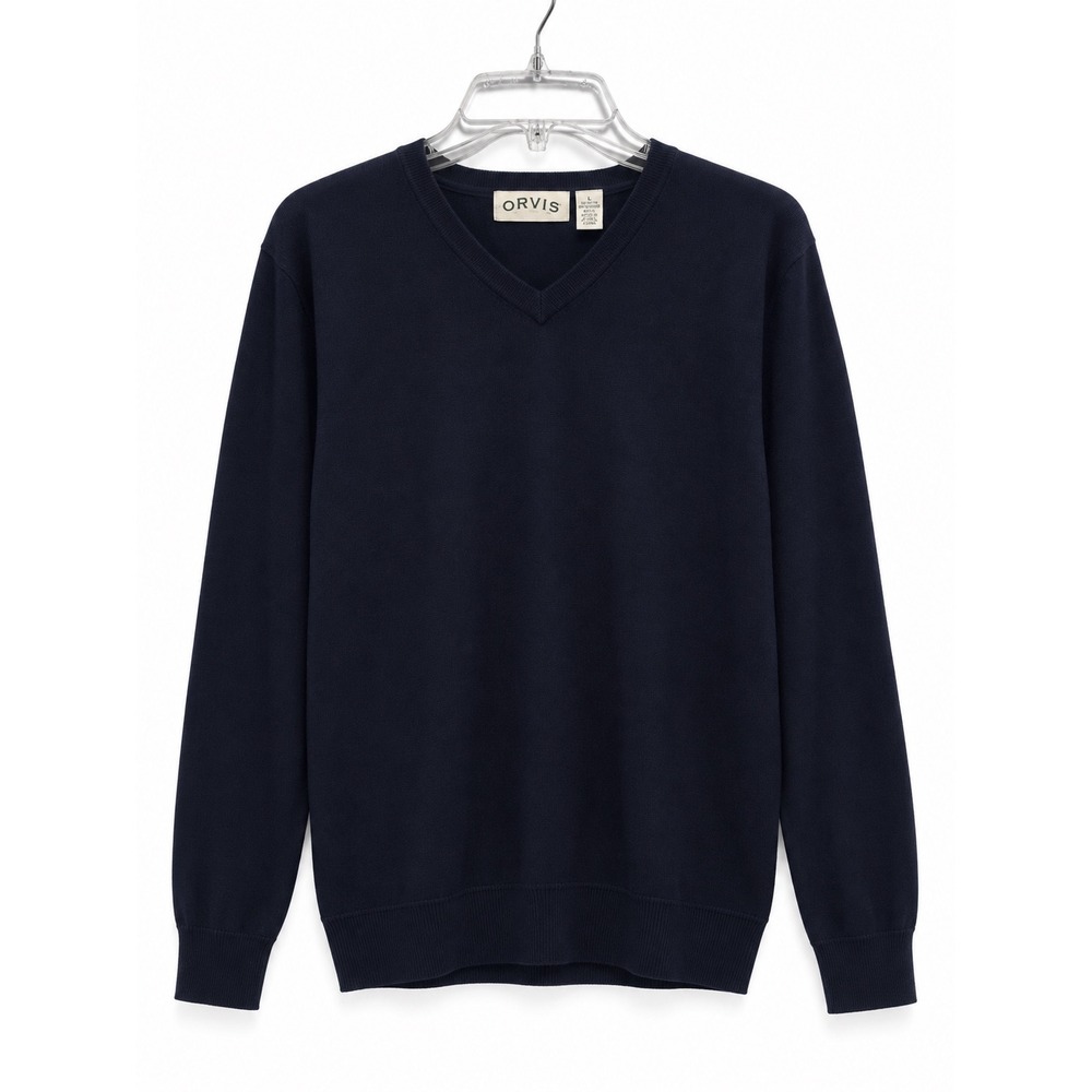 Orvis Mens Large Navy Blue V-Neck Cotton Cashmere Blend Pullover Knit Sweater Lg